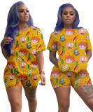 Summer Casual Cartoon Print Loose Shirt and Biker Shorts Set