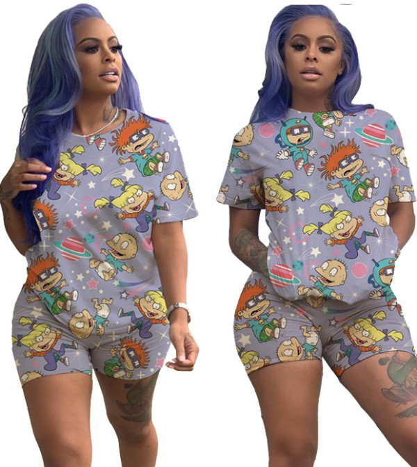 Summer Casual Cartoon Print Loose Shirt and Biker Shorts Set