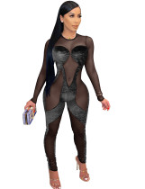 Autumn Party Sexy Patchwork See Through Mesh Bodycon Jumpsuit