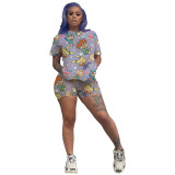 Summer Casual Cartoon Print Loose Shirt and Biker Shorts Set