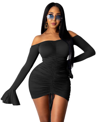 Autumn Party Sexy Off Shoulder Ruched Strings Mini Dress