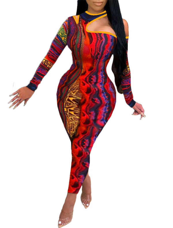 Autumn Sexy Colorful Print Cut Out One Shoulder Bodycon Jumpsuit
