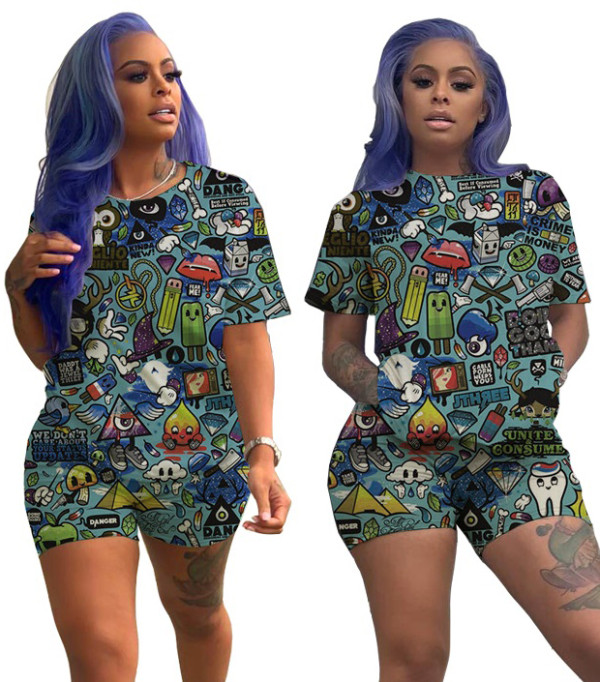 Summer Casual Cartoon Print Loose Shirt and Biker Shorts Set