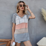 Spring Contrast V-Neck Knitting Top with Short Sleeves