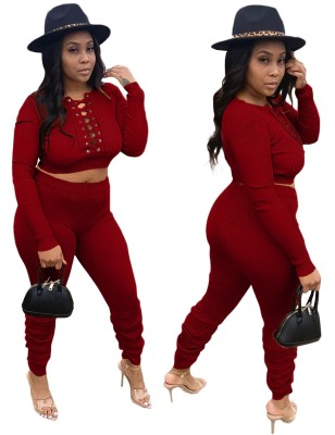 Winter Party Sexy Lace Up Crop Top and Stacked Pants Matching Set