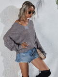 Spring Solid V-Neck Pullover Loose Sweater