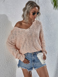 Spring Solid V-Neck Pullover Loose Sweater