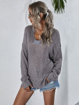 Spring Solid V-Neck Pullover Loose Sweater