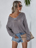 Spring Solid V-Neck Pullover Loose Sweater