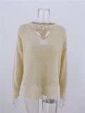 Spring Solid V-Neck Pullover Loose Sweater