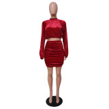 Winter Velvet Crop Top and Mini Skirt Matching Set