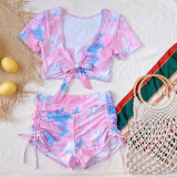 Two Piece Tie Dye Short Sleeve Strings High Waist Swimwear