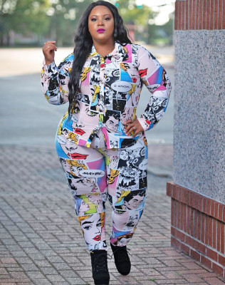 Plus Size Spring Character Print Blouse and Pants Matching Set