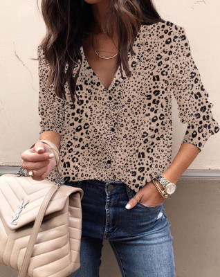 Spring Leopard Print V-Neck Elegant Blouse