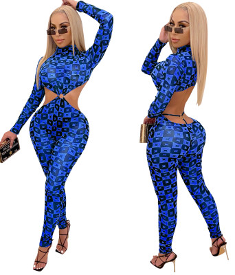 Spring Party Print O-Ring Cut Out Sexy Bodycon Jumpsuit