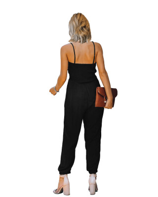 Summer Casual Solid Cut Out Strings Strap Jumpsuit