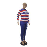 Spring Letter Print Stripes Casual Shirt and Pants Matching Set