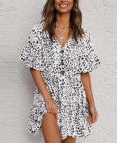 Summer Casual Dot Print V-Neck Short Dress with Wide Sleeves
