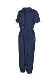 Summer Casual Solid Button Up Loose Jumpsuit