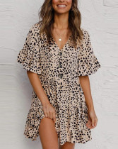 Summer Casual Dot Print V-Neck Short Dress with Wide Sleeves