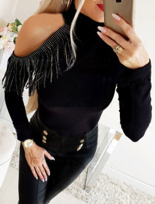 Spring Black Cut Out Beaded Fringe Top
