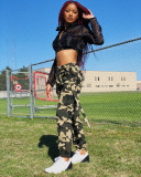 Spring High Waist Camou Cargo Pants with Belt