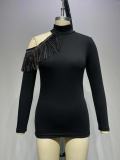 Spring Black Cut Out Beaded Fringe Top