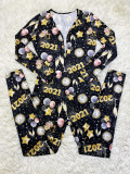 2021 New Year Party Print Patch Butt Onesie Pajama Jumpsuit