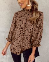 Spring Dot Print Turtleneck Loose Blouse with 3/4 Sleeves