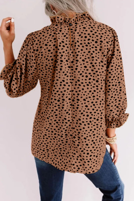 Spring Dot Print Turtleneck Loose Blouse with 3/4 Sleeves