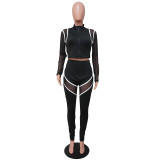 Spring Sports Fitness Zipped Crop Top and High Waist Pants Matching Set