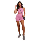Summer Solid Fitted Halter Crop Top and Shorts Set