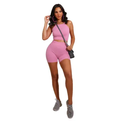 Summer Solid Fitted Halter Crop Top and Shorts Set