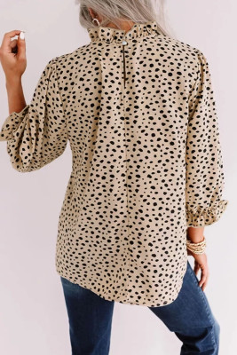 Spring Dot Print Turtleneck Loose Blouse with 3/4 Sleeves