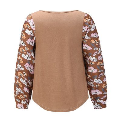Spring Casual O-Neck Shirt with Floral Sleeves