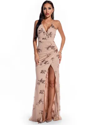 Summer High Cut Sequins Strap Long Evening Dress