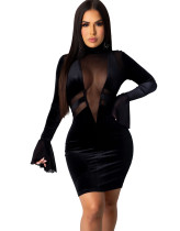 Spring Sexy Mesh Patch Velvet Party Dress with Wide Cuffs