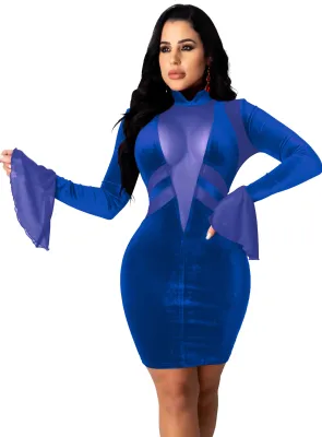 Spring Sexy Mesh Patch Velvet Party Dress with Wide Cuffs