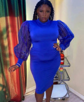 Plus Size Spring Formal Blue Midi Dress with Puff Sleeves