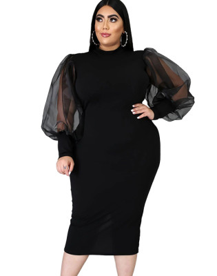 Plus Size Spring Formal Black Midi Dress with Puff Sleeves