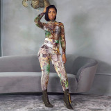 Spring Party Print Sexy Bodycon Shirt and Pants Set