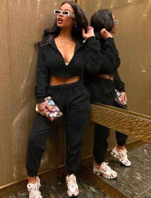 Spring Black Crop Top and Pants Hoody Tracksuit