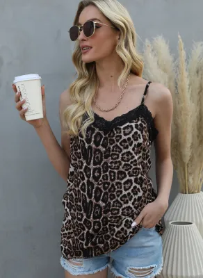 Summer Lace Patch Leopard Strap Vest Top