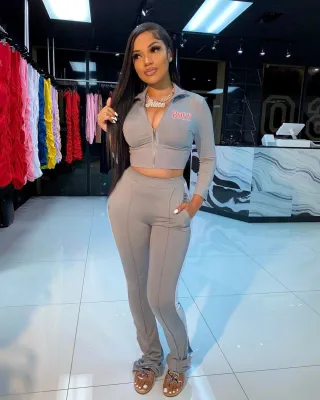 Spring Letter Print Crop Top and Pants Tracksuit
