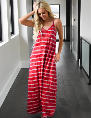 Summer Tie Dye V-Neck Strap Long Maxi Dress