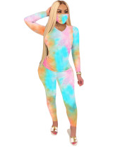 Spring Long Sleeve Tie Dye Matching Pants Set with Face Cover