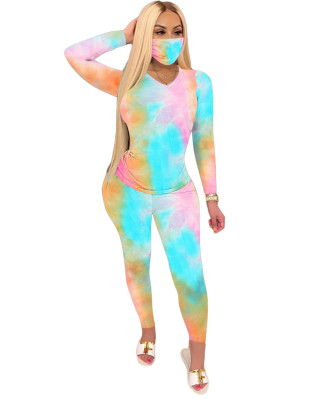 Spring Long Sleeve Tie Dye Matching Pants Set with Face Cover