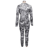 Tie Dye Long Sleeve Sexy Ruched Jumpsuit with Face Cover