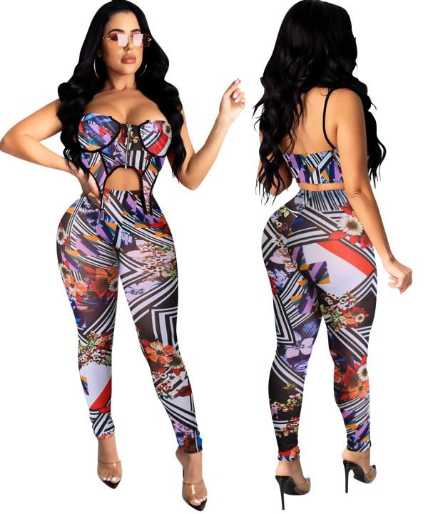 Party Long Sleeve Print Deep-V Cut Out Sexy Jumpsuit