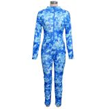 Tie Dye Long Sleeve Sexy Ruched Jumpsuit with Face Cover